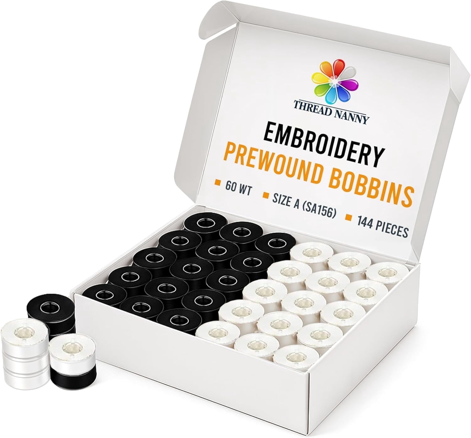 144 Black & White Pre-Wound Bobbins for Brother Embroidery Machines Compatible with PE-700, PE700II, PE-750D, PE-770, PE-780D, Innovis 1000, 1200, 1250D and New Babylock Ellure, Emore