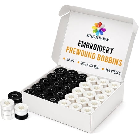 144 Black & White Pre-Wound Bobbins for Brother Embroidery Machines Compatible with PE-700, PE700II, PE-750D, PE-770, PE-780D, Innovis 1000, 1200, 1250D and New Babylock Ellure, Emore