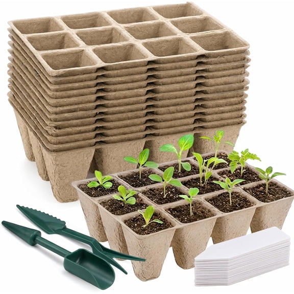 144 Cells Seed Starter Tray, 12 Pack Biodegradable Peat Pots, Plant Starter Kit for Seedlings with 50 Labels & Transplanting Tools, Germination Cups for Vegetables, Flowers, Herbs