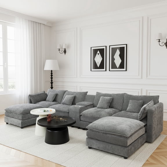 144" Cloud Couch, Gray Modular Sectional Sofa, Chenille 6 Seat U Shaped Couch with Storage Box, Cup Holders and Movable Ottoman