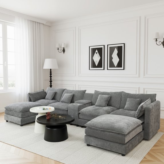 144" Cloud Couch, Gray Modular Sectional Sofa, Chenille 6 Seat U Shaped Couch with Storage Box, Cup Holders and Movable Ottoman
