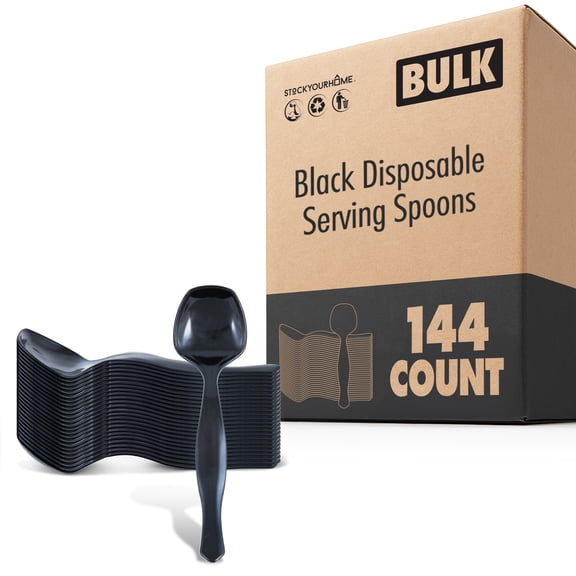 144 Count Disposable Serving Spoons Black Plastic Serving Utensils for Catering Weddings Holiday Parties and Buffets Stock Your Home