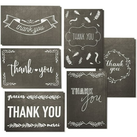Best Paper Greetings Chalkboard Thank You Cards - 4 x 6 In, Black & White, 144 Count, 6 Assorted Designs - Thank You Card Set with Envelopes for Wedding, Birthday & More