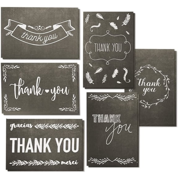 Best Paper Greetings Chalkboard Thank You Cards - 4 x 6 In, Black & White, 144 Count, 6 Assorted Designs - Thank You Card Set with Envelopes for Wedding, Birthday & More