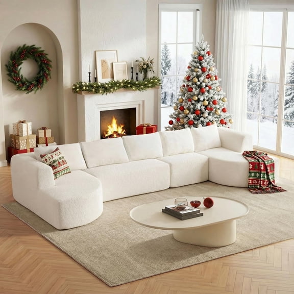 144" FIRSCOOK Boucle Fabric Modular Sectional Sofa, Deep Seats U-Shaped Curved Boneless Couch with Chaise, No Assembly Required, White