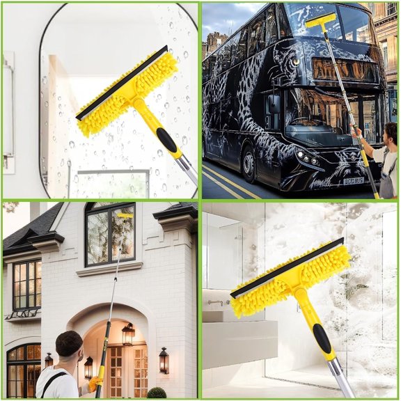 144'' Long Reach Window Squeegee with Telescoping Extension Pole,2 in 1 Shower Cleaning with Telescopic Pole,Extension Washing Tool with Rotatable Clean Head for Indoor/Outdoor High Window Glass