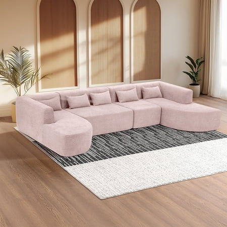 144" Modular Boucle Sectional Sofa, Deep Seat Couch with 2 Curved Chaise Lounges & 5 Pillows, No Assembly, Pink