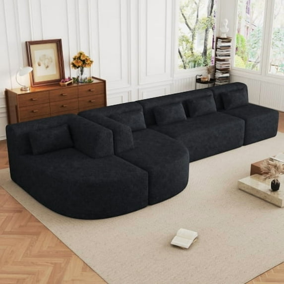 144" Cloud Couch, Black Modern Upholstered Sectional Couches for Living Room, Free-Combined Sofa with Two Chaise Lounges and Five Back Pillows