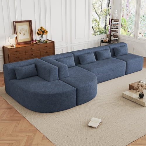 144" Modular Upholstered Sofa, Free-Combined Sectional Couch with Two Curved Chaise Lounges, Five Back Pillows, Blue Boucle Fabric, Foam Seating, Modern L-Shaped Sofa for Living Room, 5 Seats