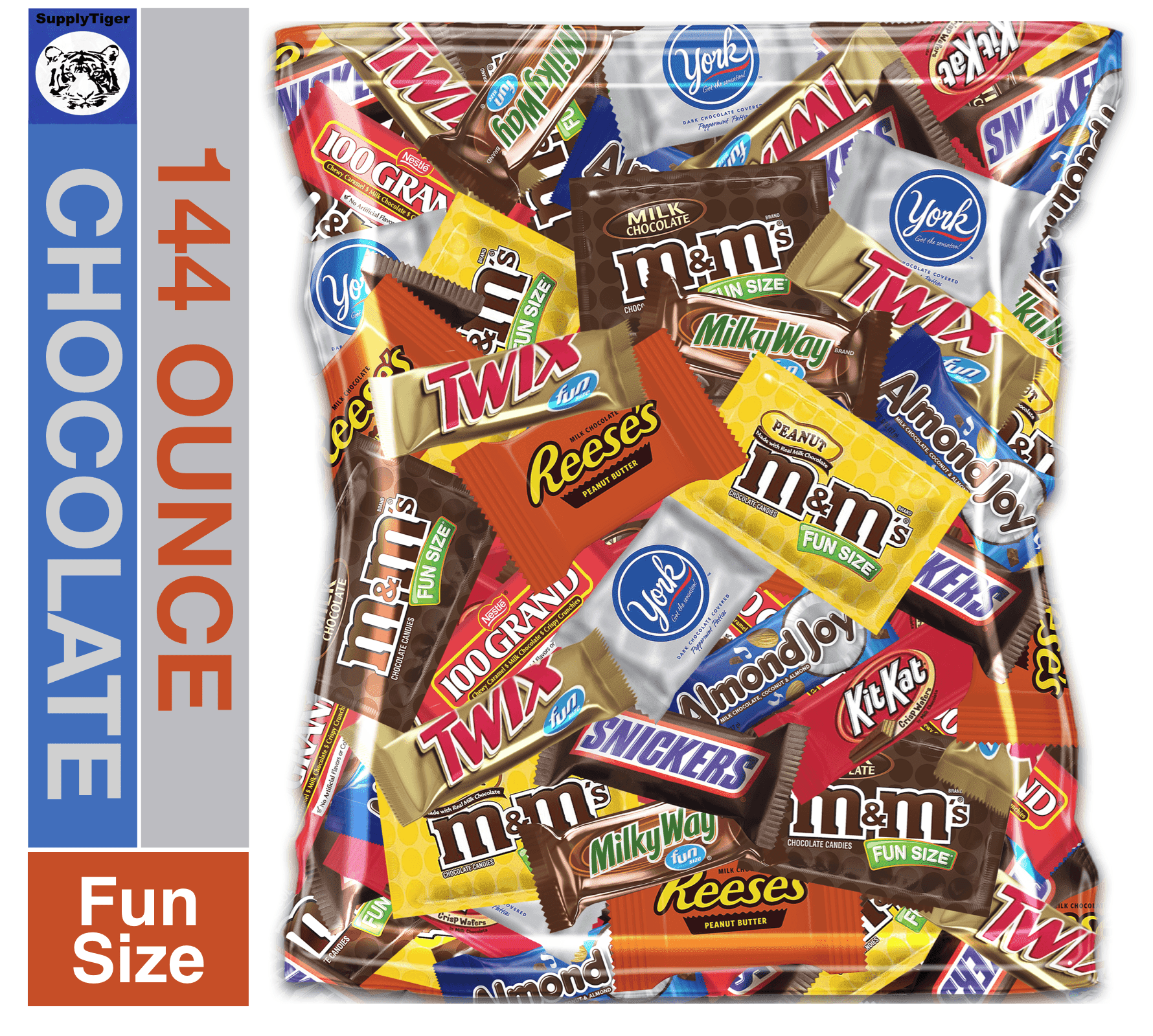 SupplyTiger (144 Ounce) Variety Assortment Chocolate Snickers, Reese's, 100 Grand, & More