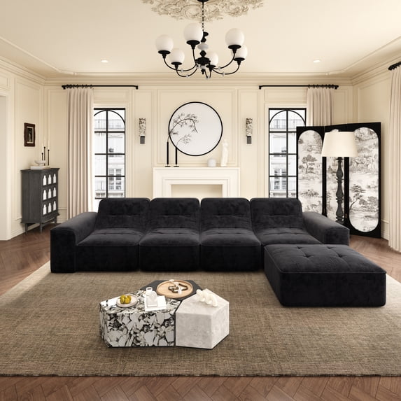 144" Oversized Modular Sectional Sofa, Deep Seat Chenille Cloud Couch with Chaise, L-Shaped Sparkling 5 Seat Sofa Couch for Living Room, Black