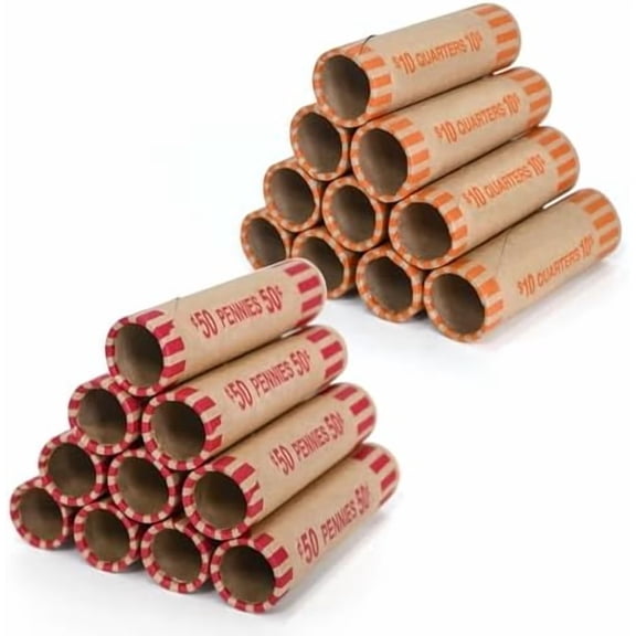 144 PCS Preformed Coin Wrappers Rolls for Penny and Quarter, 72 Each Denomination