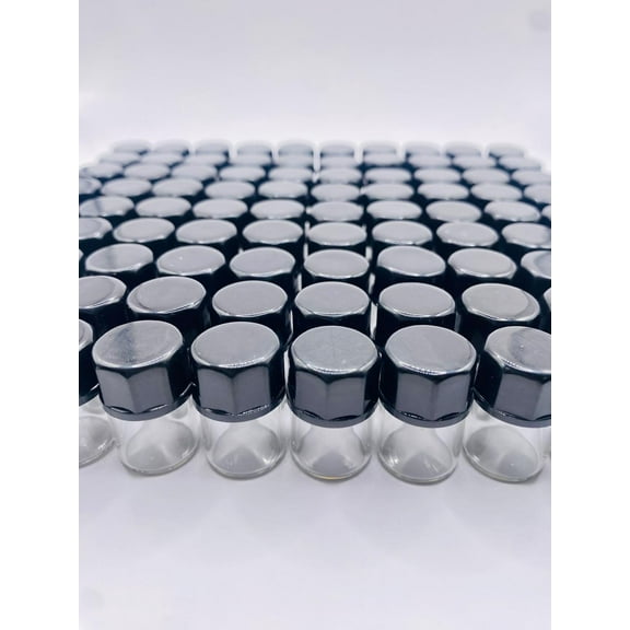 [144 Pack] 1.5 ml Glass Vials, High Grade Borosilicate Glass Empty Vials with Caps, Small Liquid Sample Clear Vial, Black Closed Top Screw Caps with PE Liner (0.4 Dram)