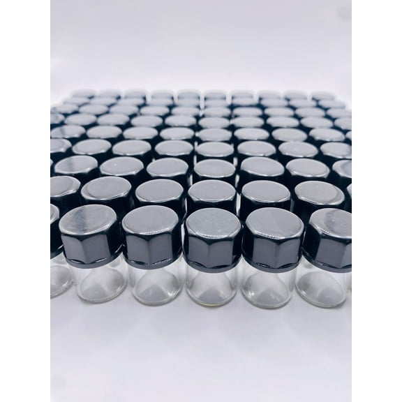 [144 Pack] 2 ml Glass Vials, High Grade Borosilicate Glass Empty Vials with Caps, Small Liquid Sample Clear Vial, Black Closed Top Screw Caps with PE Liner (1/2 Dram)