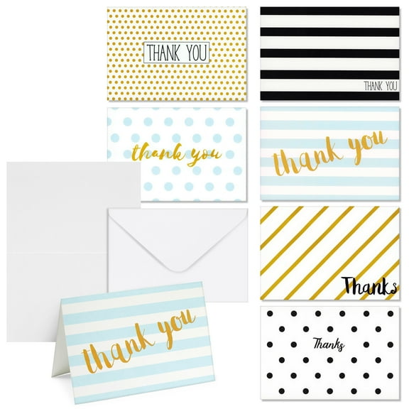 Juvale Thank You Cards with Envelopes - 4x6 In, 144-Pack, 6 Assorted Polka Dot & Stripe Designs - Bulk Blank Thank You Notes for All Occasions, Birthday, Baby Shower & Wedding