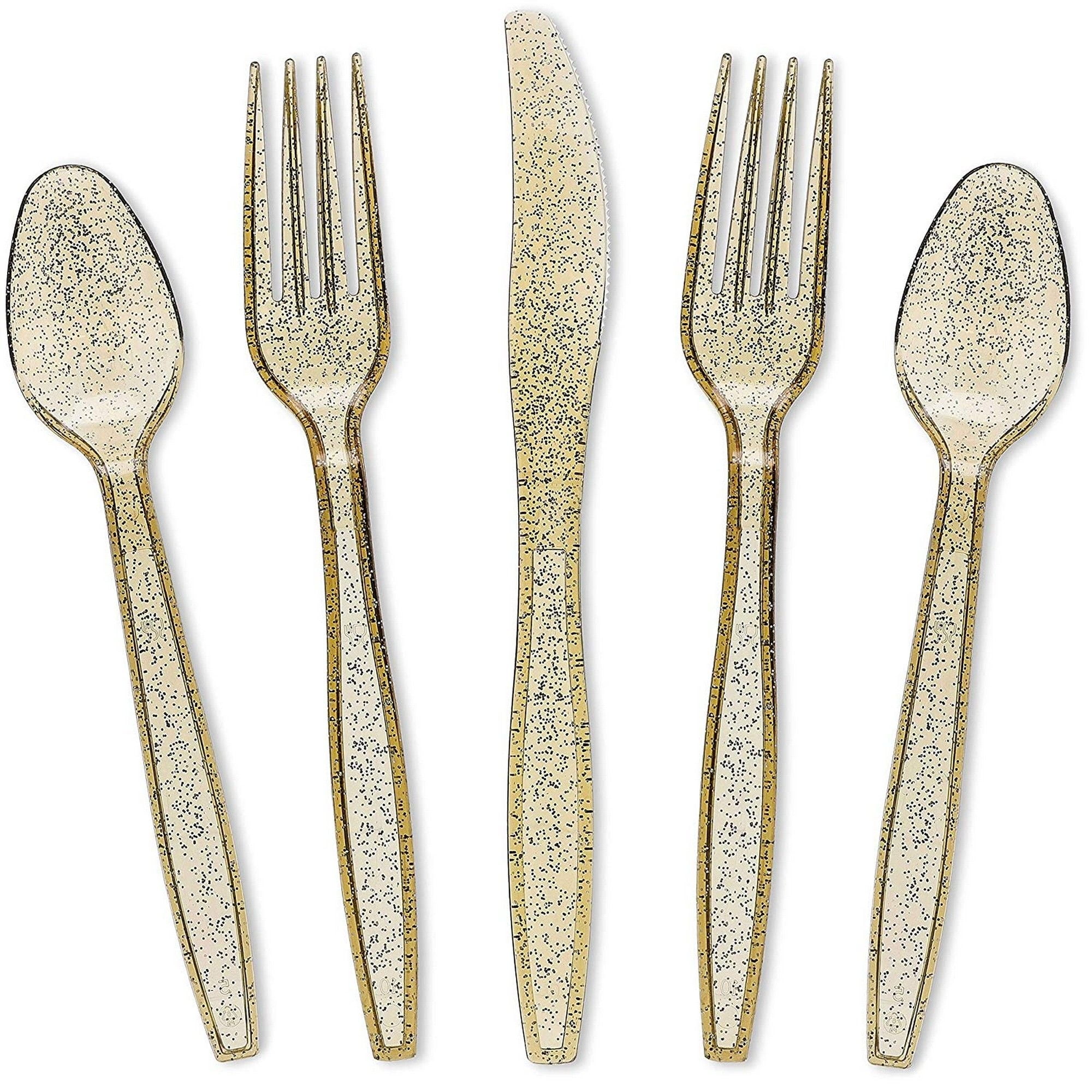 144 Pack Gold Glitter Plastic Silverware for Wedding Party Supplies, Cutlery Includes Forks, Spoons, and Knives (Serves 48)