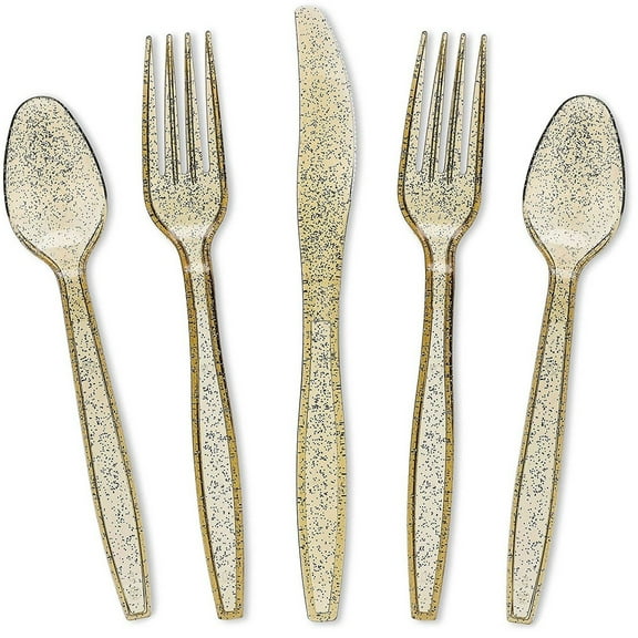 Juvale Gold Silverware Set - Plastic Cutlery with Glitter Finish, 144 Pieces - Disposable Silverware with Forks, Spoons & Knives for Weddings & Events