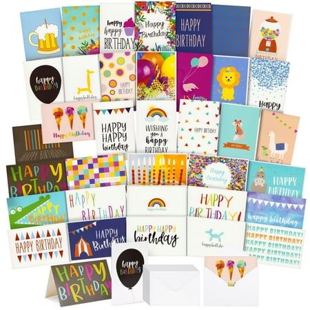 144 Pack Birthday Cards Bulk with Envelopes, 36 Colorful Designs for Adults and Kids, 10x15 cm