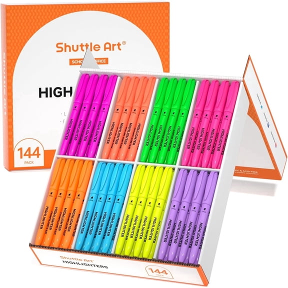Shuttle Art 144 Pack Highlighters, Highlighters Assorted Colors Set, 8 Bright Colors Chisel Tip Highlighter Markers Bulk for Adult Marking, Highlighting