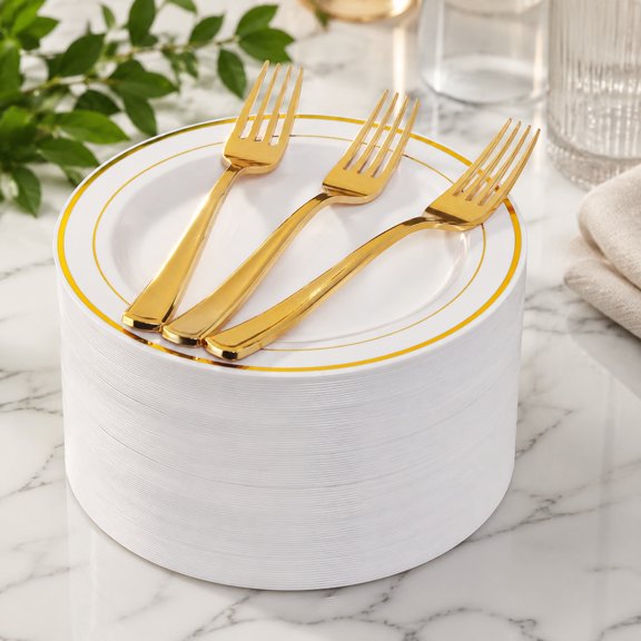 144 Pc Small Disposable Gold and White Plastic Dessert Plates Set with 72 Forks 7.5" for Parties and Events
