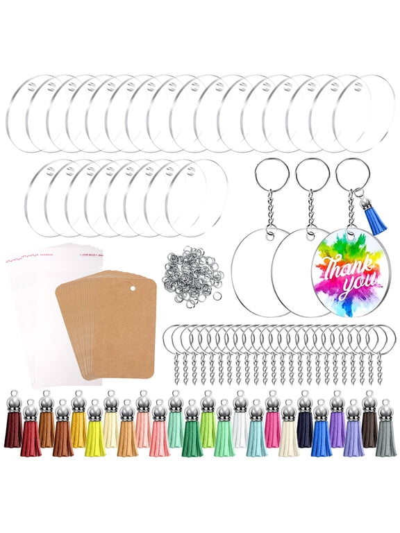 144 Pcs 2 in Acrylic Keychain Blanks Kit, Clear Round Acrylic Blanks with Tassels, Key Rings, Display Cards, and Packing Bags for DIY Craft Projects