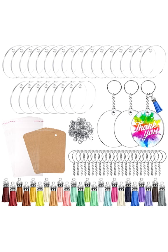 144 Pcs 2 in Acrylic Keychain Blanks Kit, Clear Round Acrylic Blanks with Tassels, Key Rings, Display Cards, and Packing Bags for DIY Craft Projects