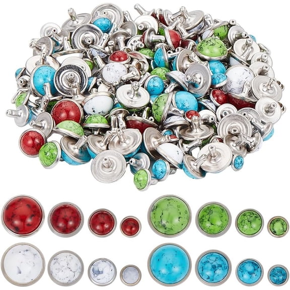 144 Pcs 4 Colors Turquoise Rivets Studs 6mm 8mm 10mm 12mm Flat Round Rivets Studs DIY Imitation Leather Rivets Craft for Belt Boots Jacket Garment Accessories