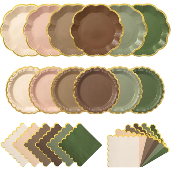 144 Pcs 48 Guests Woodland Baby Shower Tableware Set Green Brown Paper Plates and Napkins Woodland Party Supplies Disposable Tableware Scalloped Plates for Safari Jungle Birthday Wedding