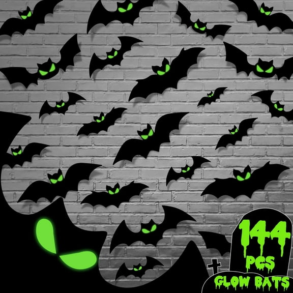 144 Pcs Bats Wall Decor, Glow in The Dark Bats 3D Bat Cutouts Halloween Decorations Light Up Eyes Paper Bat Stickers Black Plastic Sticky Decals for Home Indoor Outdoor dcor Outside