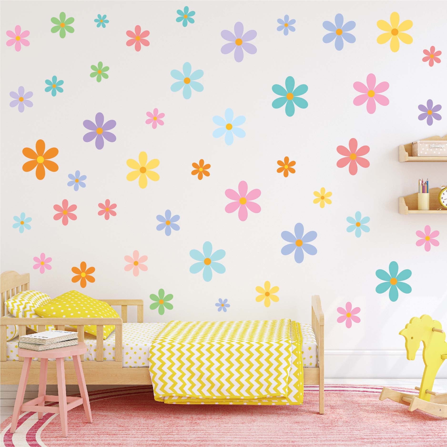144 Pcs Flowers Decals Multi-color Removable Wall Stickers Vinyl Peel and Stick Living Room Bedroom Kids Playroom Study Room Birthday Party DIY Decor