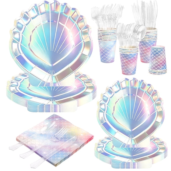 144 Pcs Mermaid Party Supplies Mermaids Themed Party Decorations Under the Sea Party Tableware Includes Plates Napkins Cups Plastic Spoons Fork Knives for Baby Shower Birthday Party