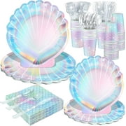 144 Pcs Mermaid Party Supplies Mermaids Themed Party Decorations Under the Sea Party Tableware Includes Plates Napkins Cups Plastic Spoons Fork Knives for Baby Shower Birthday Party