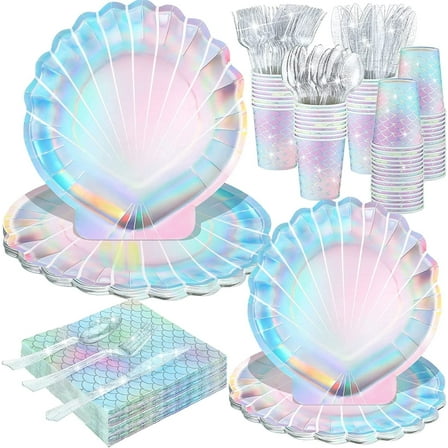 144 Pcs Mermaid Party Supplies Mermaids Themed Party Decorations Under the Sea Party Tableware Includes Plates Napkins Cups Plastic Spoons Fork Knives for Baby Shower Birthday Party