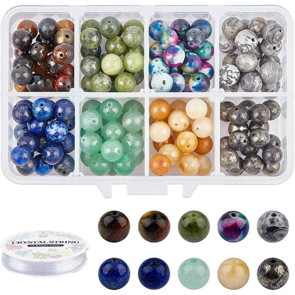 144 Pcs Natural Gemstone Beads Round Stone Loose Beads with Elastic Thread DIY Jewelry Set Kits
