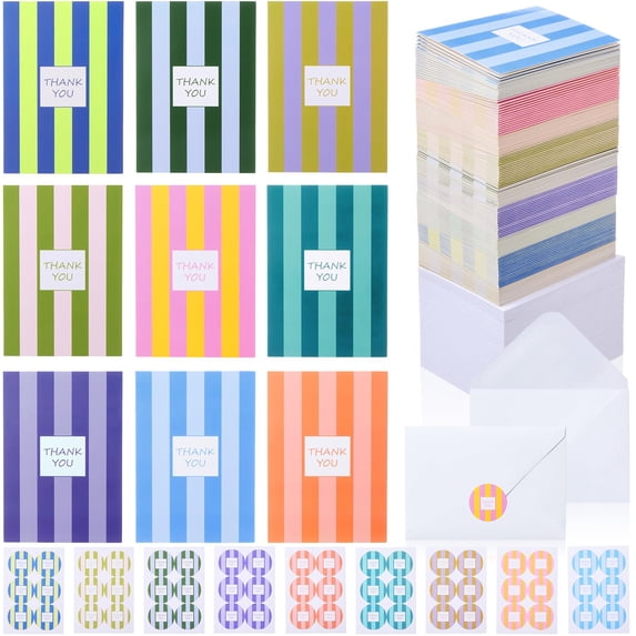 144 Pcs Palm Beach Thank You Cards With Envelopes & Stickers Bulk 9 Striped Designs 3.5 X 5 Decor Notes Blank Greeting Sheets For Handwritten Messages Gratitude Gifts
