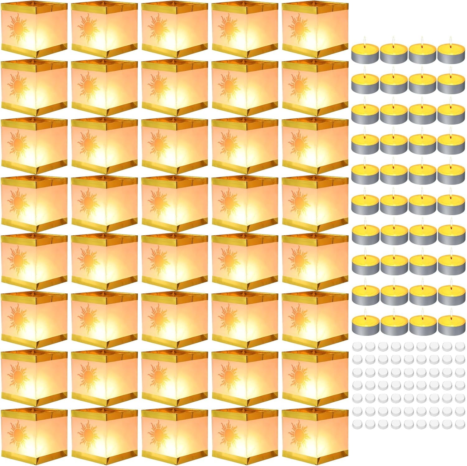 144 Pcs Square Water Lanterns Set Paper Tangled Lanterns Sun Pattern Chinese Wishing Lights with Tea Candles and Adhesive Pads for Praying Pool Blessing Wedding