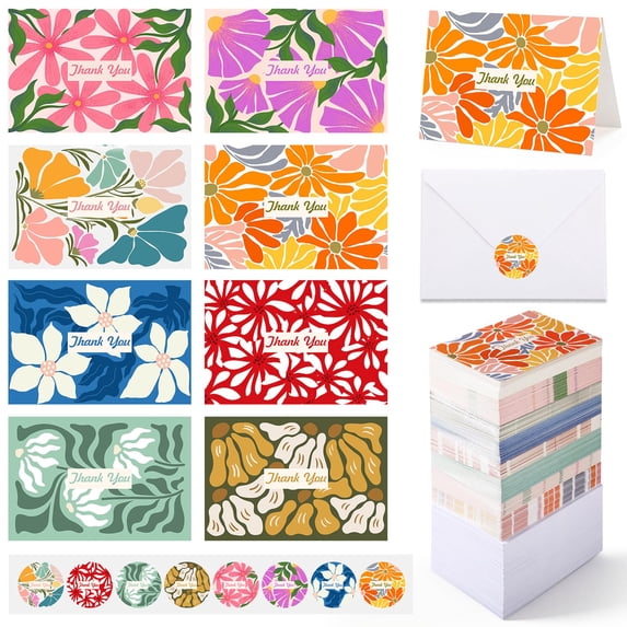 144 Pcs Thank You Cards With Envelopes Stickers Bulk 3.5x5'' Blank Stylish Assorted Cute Greeting Card Decor Notes Great For Birthday Wedding Business Graduation Bridal Shower