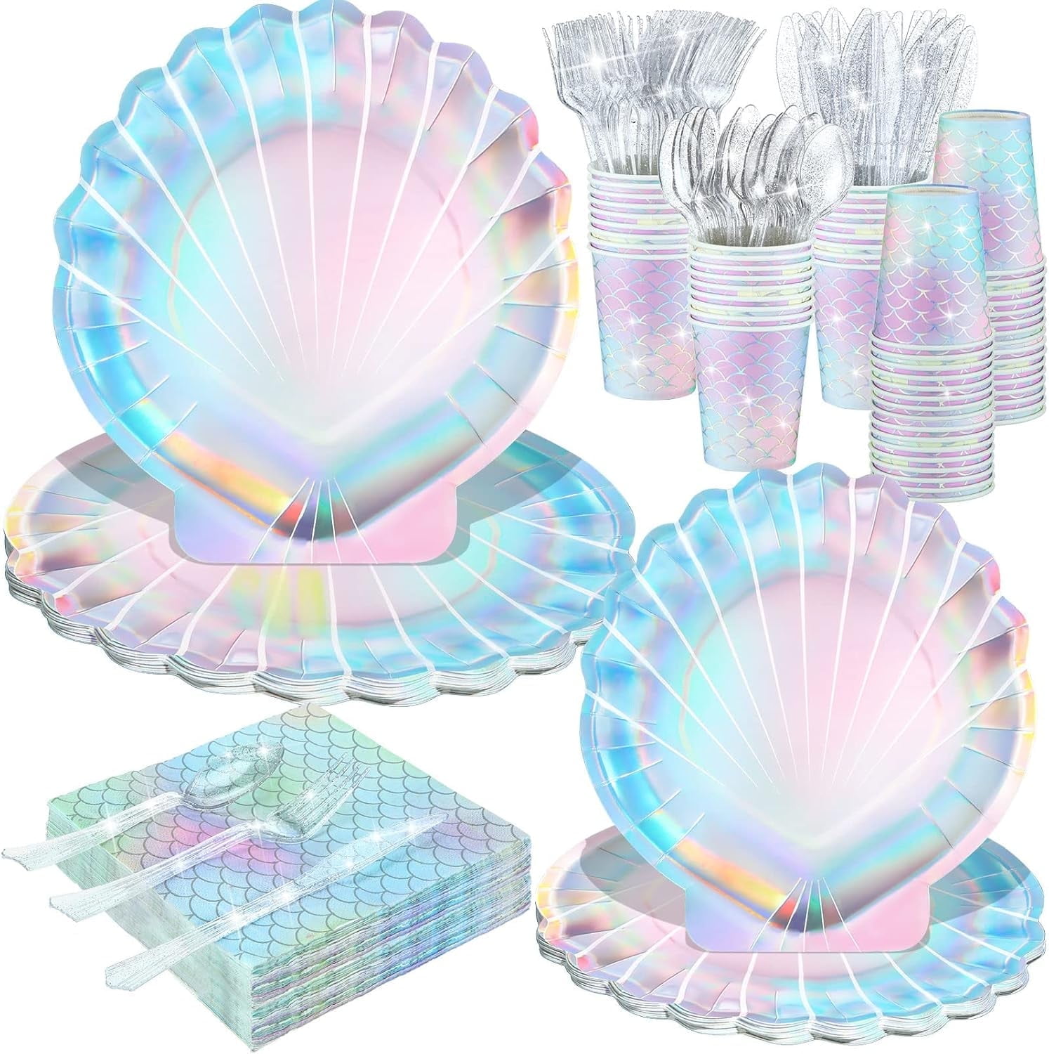 144 Pcs Themed Party Supplies Party Decorations Under the Sea Party Tableware Includes Clam Plates Napkins Cups Plastic Spoons Fork Knives for Birthday party