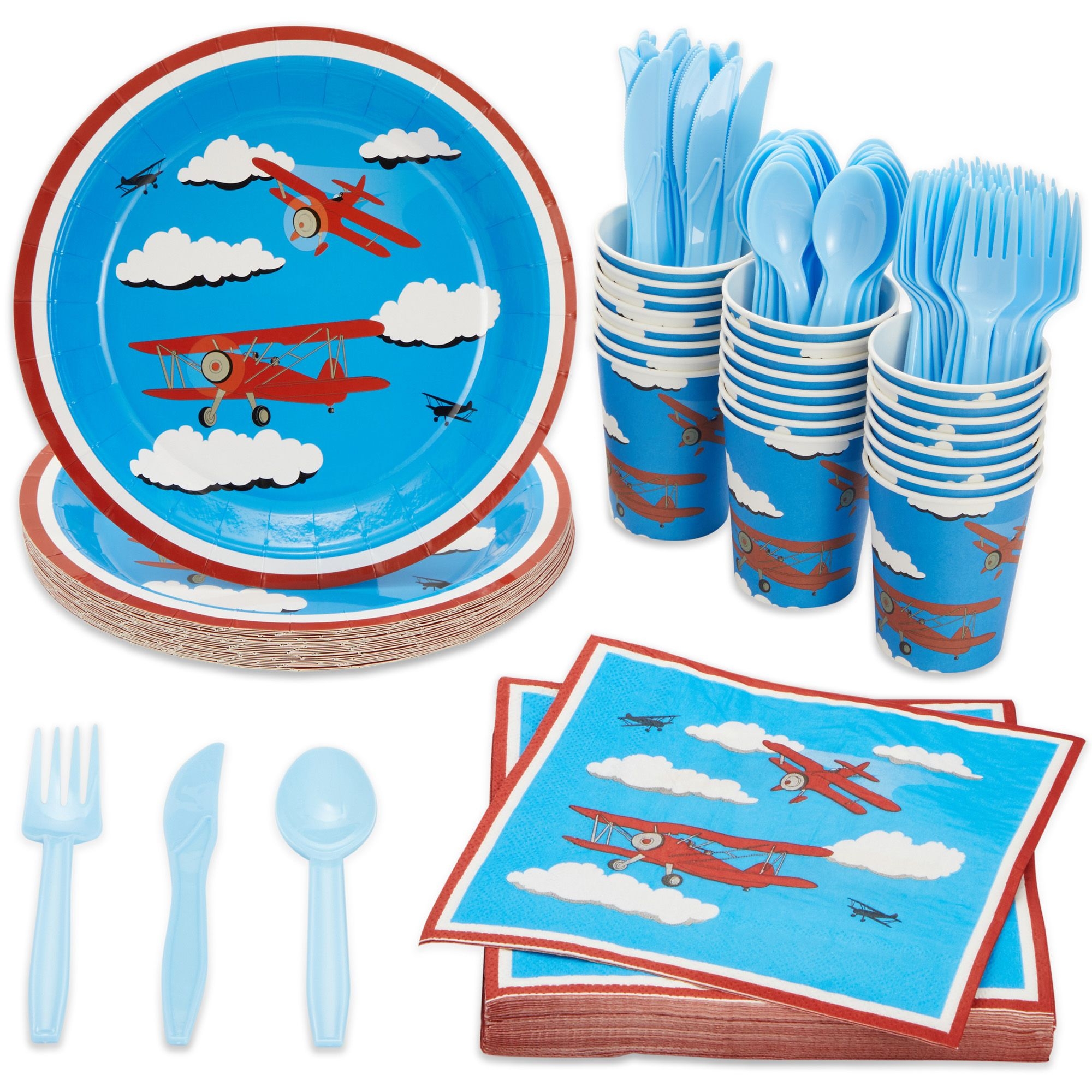 144 Piece Airplane Birthday Party Supplies Pack with Paper Plates, Cups, Napkins, and Cutlery