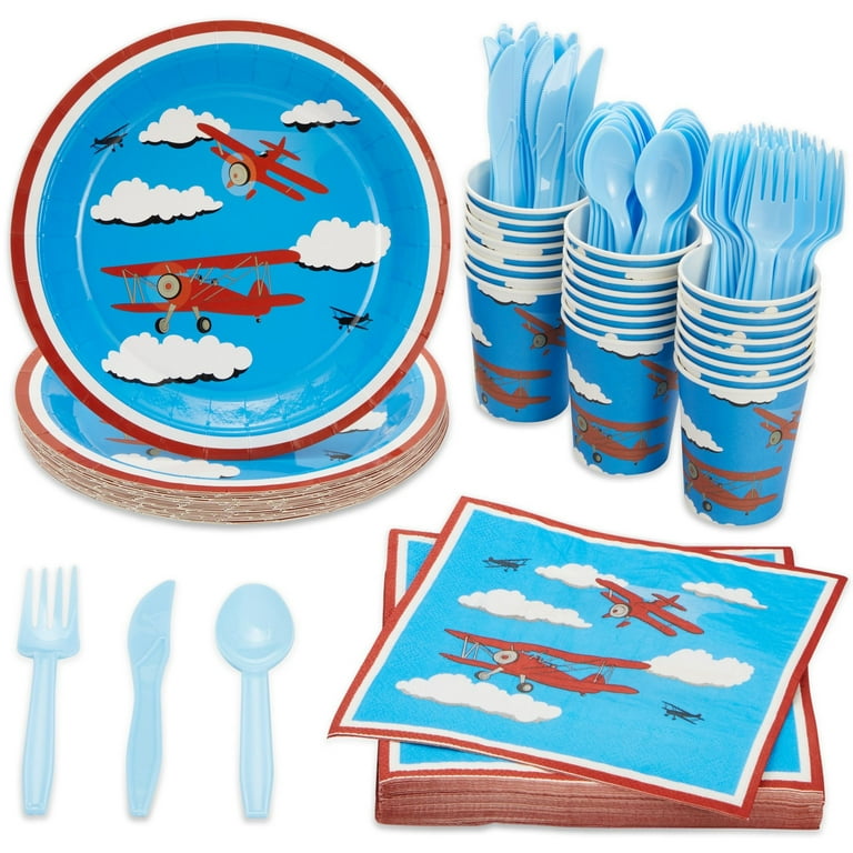 144 Piece Airplane Birthday Party Supplies Pack with Paper Plates