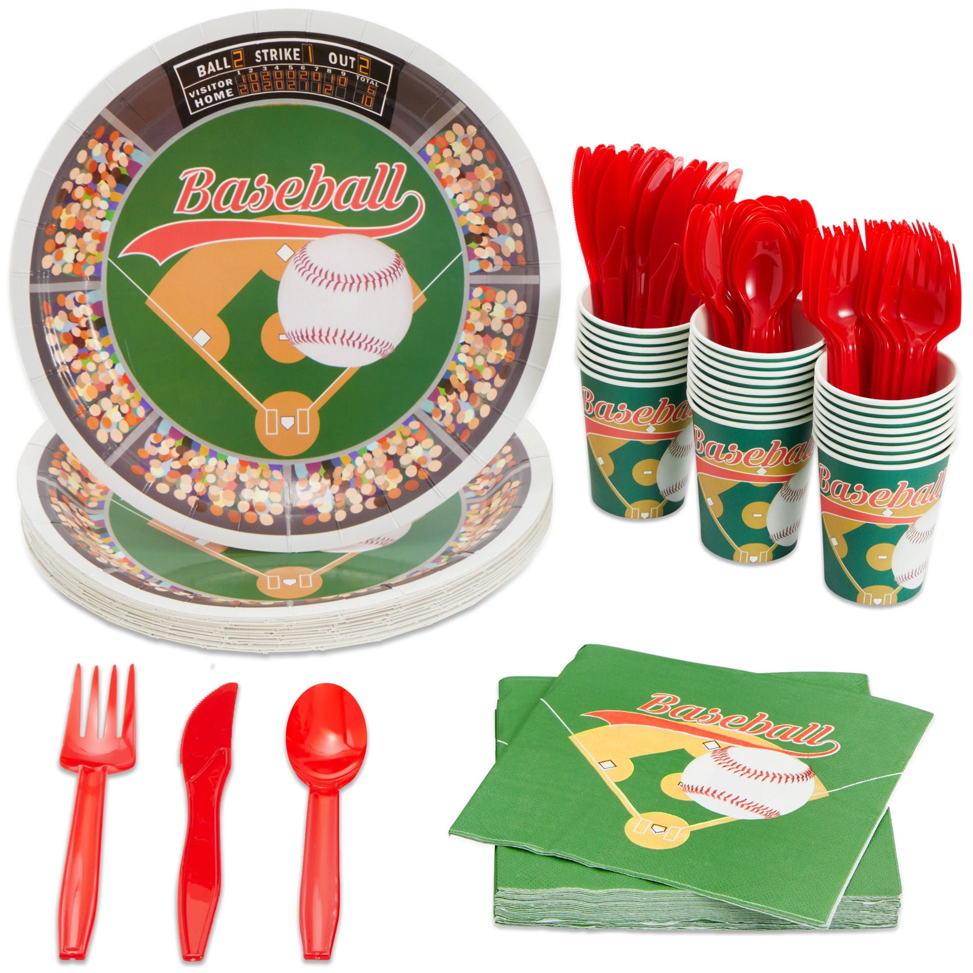 144 Piece Baseball Birthday Party Supplies with Baseball Plates
