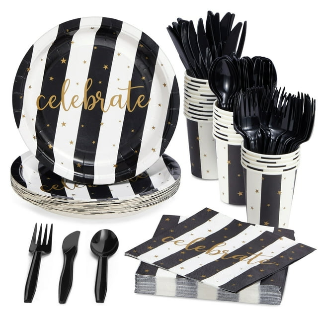 144 Piece Black and White Party Supplies Serves 24 Striped Celebrate Plates, Napkins, Cups and