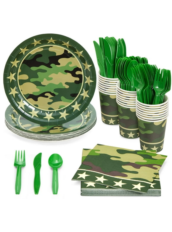 144-Piece Camo Party Decorations for Army-Themed Birthday, Baby Shower, Welcome Home Party, Serves 24, Includes Camouflage Paper Plates, Napkins, Cups, and Cutlery