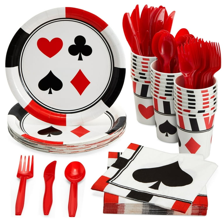 144 Piece Casino Theme Birthday Party Decorations, Dinnerware Set with  Plates, Napkins, Cups, Cutlery (Serves 24) 