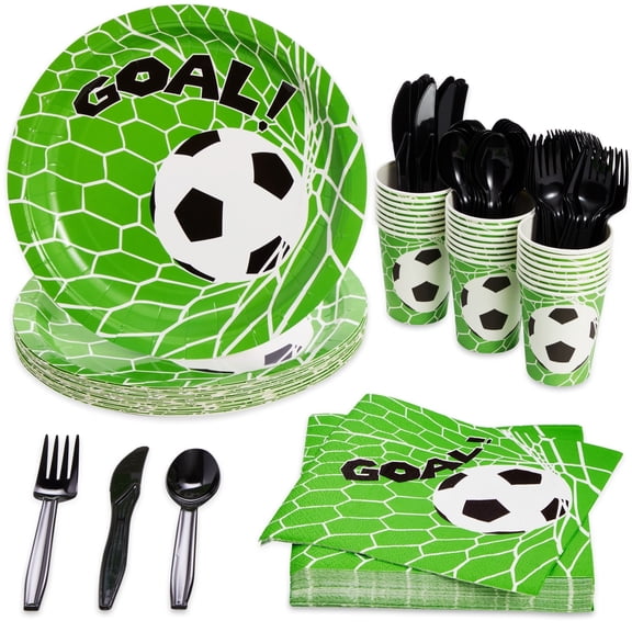 144-Piece DISEN Soccer Themed Birthday Party Supplies, Bundle Includes Paper Plates, Napkins, Cups, and Plastic Cutlery for Sports Themed Party Decorations (Serves 24)