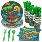 144-Piece Dinosaur Birthday Party Supplies with Paper Plates, Napkins, Cups and Cutlery for Dino Party Decorations (Serves 24)