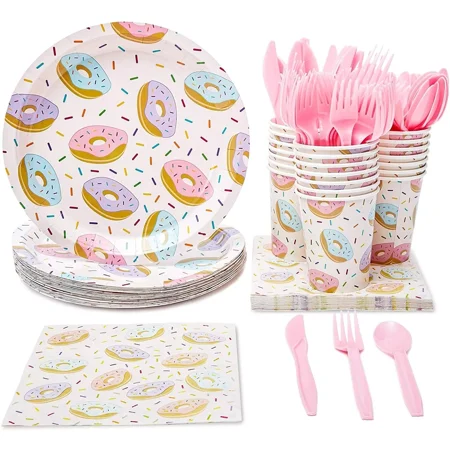 144 Piece Donut Grow Up Party Supplies - Sprinkle Plates, Napkins and Cups Set