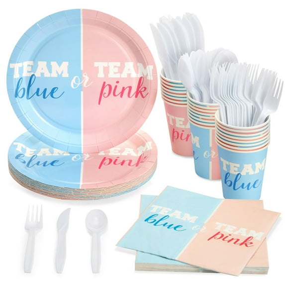 BLUE PANDA Paper Gender Reveal Tableware Set - Team Boy & Team Girl Tableware - Party Supply for 24 Guests - Durable Gender Reveal Paper Goods & Utensils - 144pc, 9-Inch Plates & 9 Oz Cups