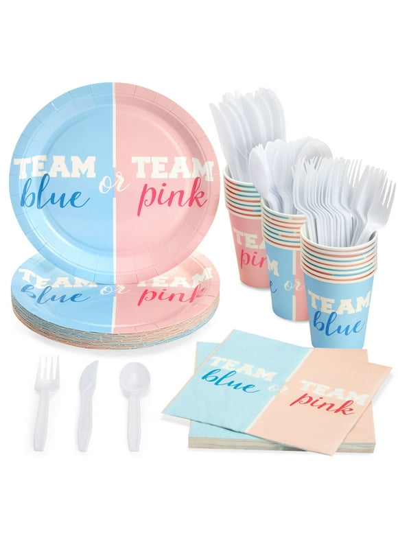 144 Piece Gender Reveal Plates, Napkins, Cups, Cutlery, Team Boy and Team Girl Party Supplies, Decorations (Serves 24)