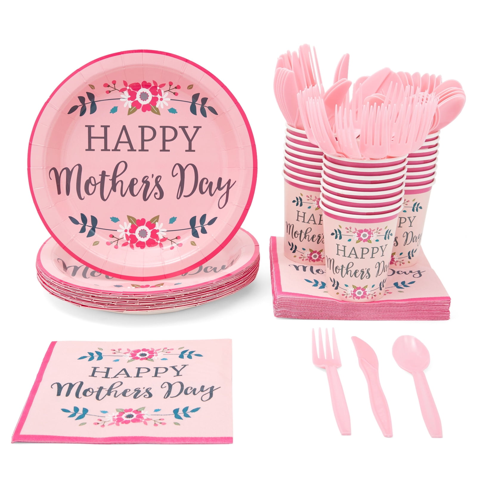 144 Piece Happy Mother's Day Pink Dinnerware Set, Plates, Cutlery, Cups
